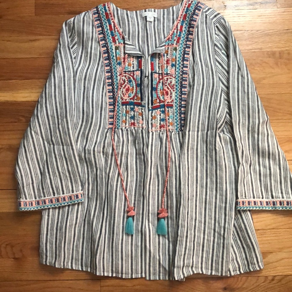 J. Jill striped linen embroidered open front top